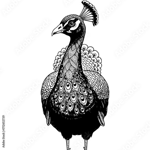 A stylized peacock on a white background with vibrant feathers and a distinctive beak