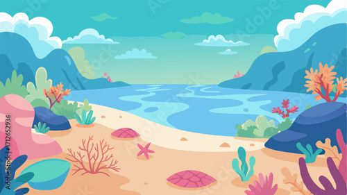 A peaceful lagoon lined with pastelcolored coral reef providing shelter to an array of tropical sea creatures.