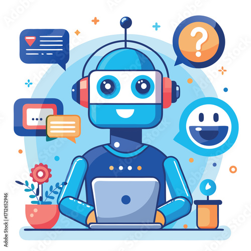 Friendly robot with headphones and laptop providing customer support