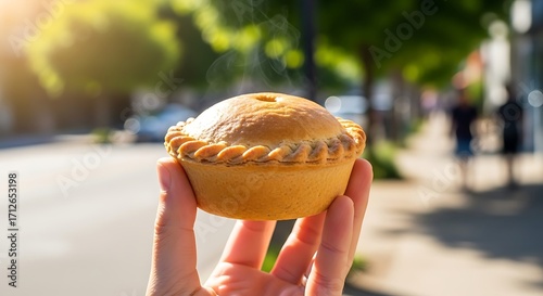 Fototapeta Naklejka Na Ścianę i Meble -  Person holding a small savory hand pie outdoors.