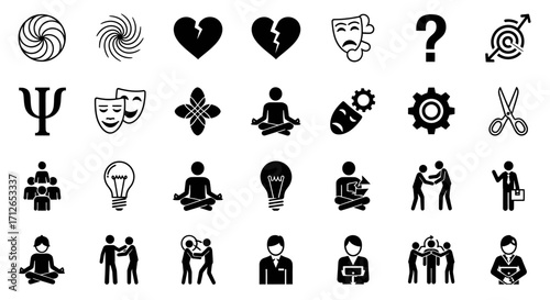 Set of Black and White Icons Representing Psychology Business Emotions and Human Interaction