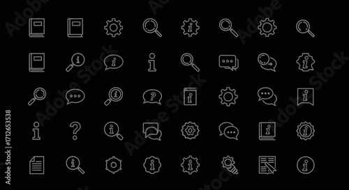 Set of Minimalist Information Icons  Settings Search Question Mark Book and Help Symbols Isolated on Black Background
