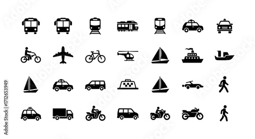 Transportation Icons Set  Bus Car Train Airplane Boat Bicycle and People Commuting Vector Illustration