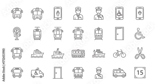 Transportation Icons Set  Bus Train Boat Bicycle Accessibility Symbols and Public Transit Elements
