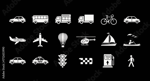 Transportation Icons Set  Car Bus Airplane Boat Bicycle Taxi Helicopter and People Vector Illustration