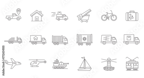 Transportation Icons Set  Truck Car Airplane Ship Train and Bicycle Line Art Vector Illustration