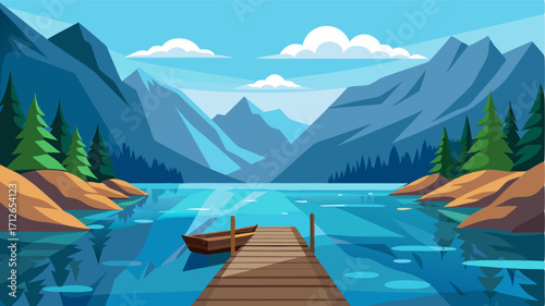 A peaceful lake surrounded by towering mountains with a wooden dock and rowboat available for a leisurely picnic on the water.