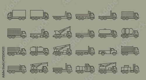 Variety of Truck Icons Set  Cargo Tanker Flatbed Towing Vehicles Line Art Vector Illustration