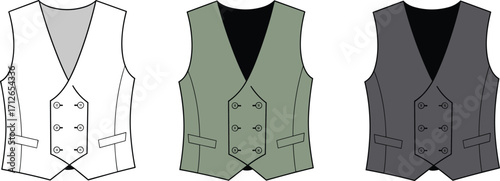 Elegant waistcoat fashion mockup, classic double-breasted vest template, blank formal attire in three colors, vector illustration for apparel design and customization.
