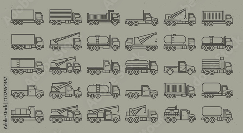 Variety of Truck Icons Set  Flat Design Vector Illustration for Logistics and Transportation Concepts