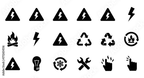 Warning Signs Icons Set  Electricity Fire Recycle Hand Protection and More Safety Symbols