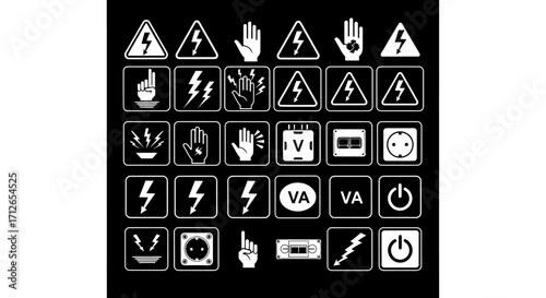 Warning Signs Icons Set Electrical Hazard Hand Gesture Power Button Technology Symbols Isolated on Black Background