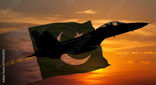 A powerful image of a fighter jet soaring with the Pakistan flag against sunset