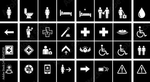 White Pictogram Icons Set on Black Background  Restrooms Accessibility Directions and Medical Symbols