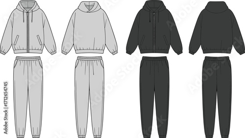 Streetwear tracksuit fashion mockup, oversized hoodie and joggers set, casual loungewear template, blank front and back view, customizable vector for apparel design.