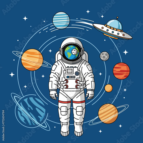 Astronaut exploring planets and a ufo in outer space
