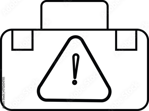 Medical first aid kit with warning alert sign icon, emergency healthcare box, caution safety supplies case symbol, transparent background