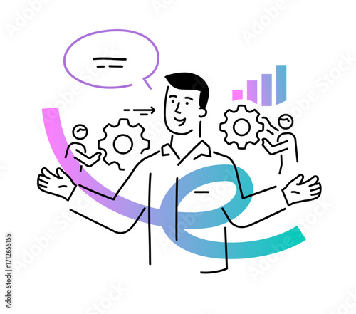 Set of illustrations people are holding a workshop. Workflow, growth, graphics. Business development, milestones, start-up. linear illustration Icons infographics. Landing page site print poster. Line