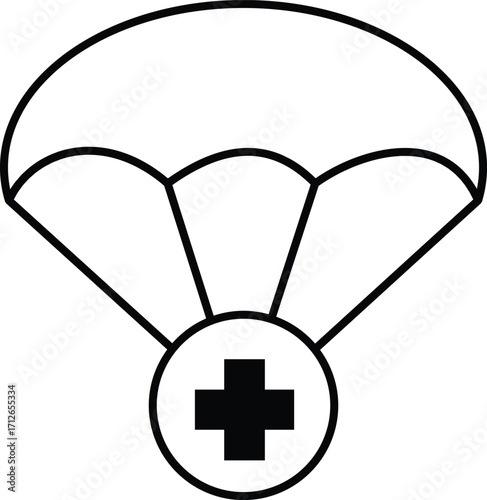 Parachute with medical cross icon, emergency rescue supply drop, first aid survival assistance symbol for healthcare, transparent background