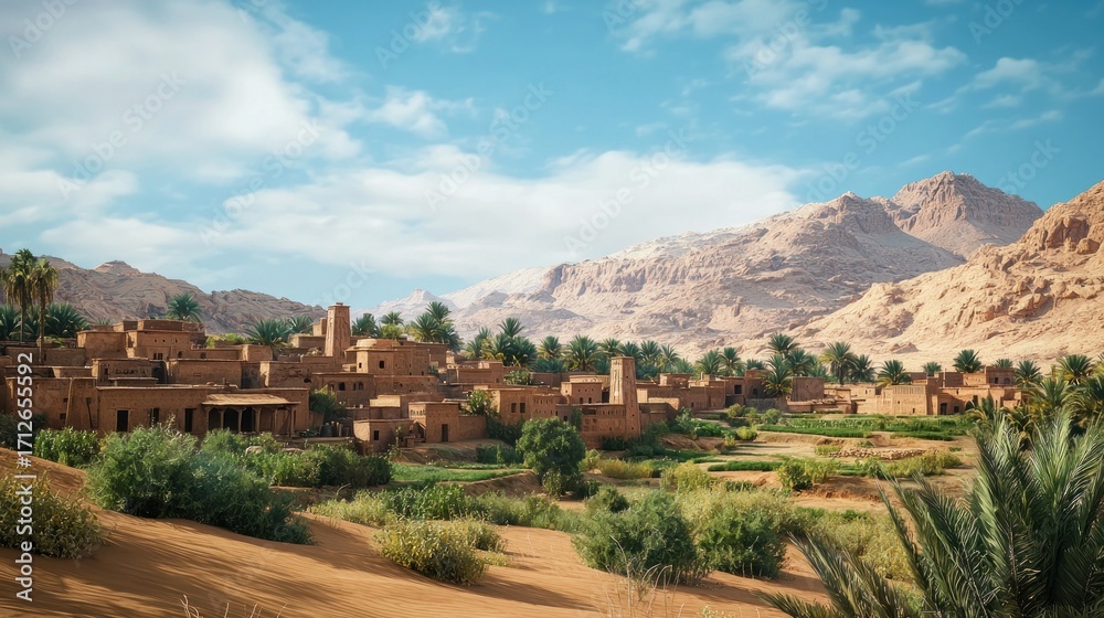 Fototapeta premium Oasis village nestled in a mountain valley.