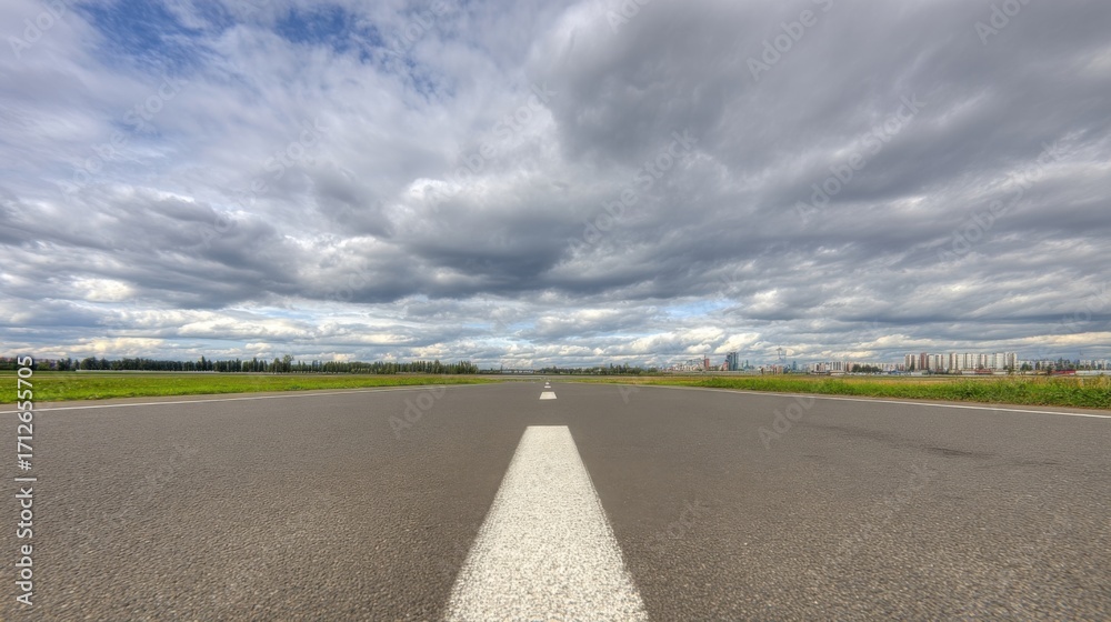 Naklejka premium A paved road with a central white dashed line stretches towards the horizon,