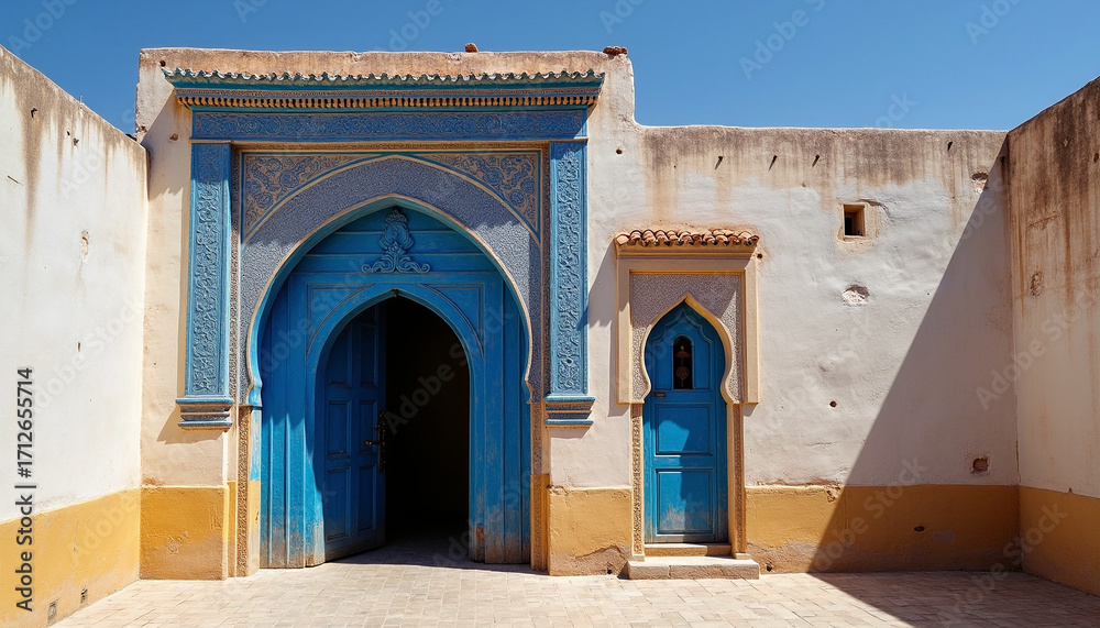 Naklejka premium Vintage Blue Door Entrance on Rustic Urban Building Facade