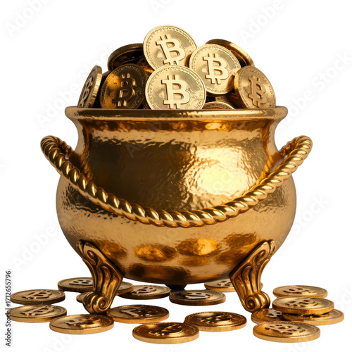 Golden pot overflowing with bitcoin coins on a white studio background on transparent background