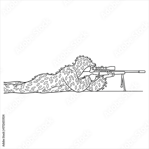Line art illustration of a person in camouflage ghillie suit aiming a sniper rifle vector