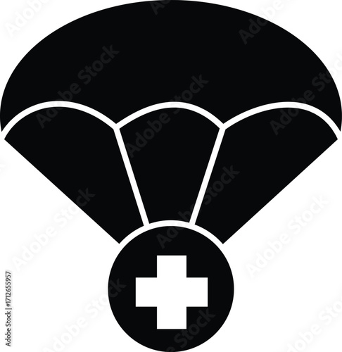 Parachute with medical cross icon, emergency rescue supply drop, first aid survival assistance symbol for healthcare, transparent background