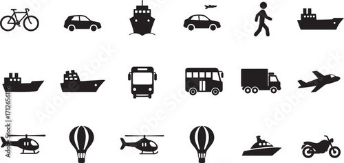 Transportation Icon Pack with Car, Bus, Ship, Airplane, Bicycle, Helicopter, Hot Air Balloon, Truck, Motorcycle and Walking Silhouettes EPS