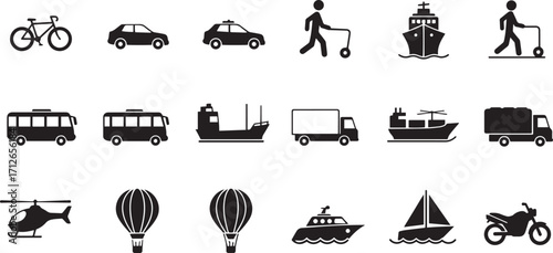 Transport and Travel Icon Pack with Car, Bus, Ship, Helicopter, Balloon, Sailboat, Bicycle, Scooter, and Motorcycle EPS Vector