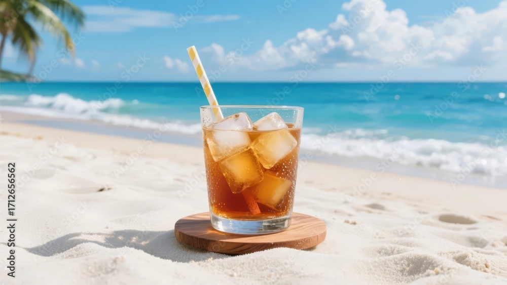 Obraz premium A glass of iced tea with a straw sits on a wooden coaster on a sandy beach, with turquoise ocean waves and palm trees in the background.