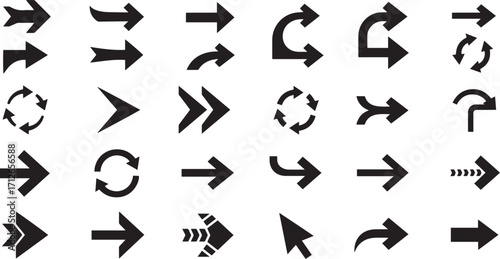 Arrow Symbol Collection in Black Silhouette for Direction, Navigation, Interface, and Rotation EPS Vector