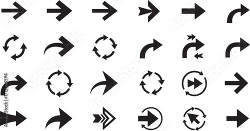 Arrow Icon Set in Black Silhouette for Direction, Navigation, Rotation, and Interface Design EPS Vector