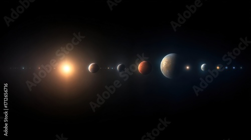 A sun-like star shines brightly beside exoplanets of varying sizes and colors, some rocky and others gaseous,