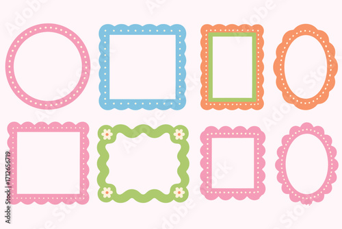 A Collection of Eight Colorful and Decorative Frames for Photos or Creative Projects on a Cream Background