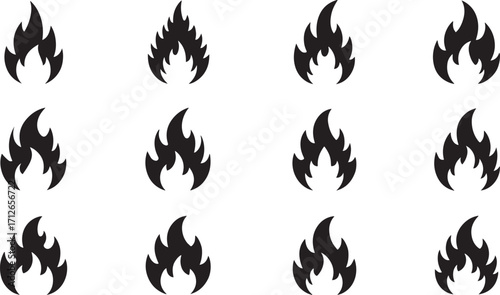 Black Fire Flame Icon Set in Silhouette Style for Heat, Energy, Combustion, and Safety EPS Vector