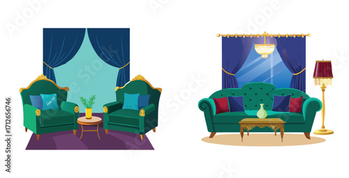 Luxurious interior sofa featuring velvet upholstered furniture and elegant décor Vector art design illustration