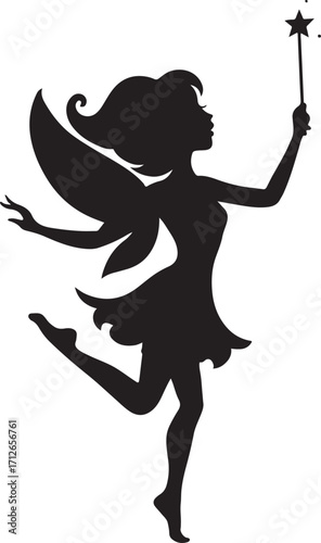 A black vector silhouette of a dancing fairy with wings