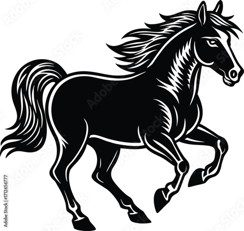 Horse Silhouette Vector Illustration Black and White Running Stallion Outline Elegant Wild Mustang Tribal Tattoo Logo Powerful Galloping Horse Artwork Vintage Riding Design