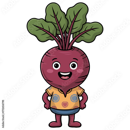 An adorable cartoon beet with a smiling face and a friendly pose