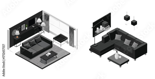 Sleek monochrome black interior design featuring a sophisticated minimalist aesthetic Vector art design illustration