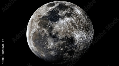 The full view of the Moon showcases its grayish white surface with prominent craters and lunar maria formed by ancient l