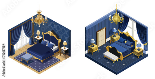 Opulent navy and gold luxury bedroom interior elegant furnishings and rich textures Vector art design illustration