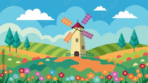 A lone windmill standing tall amidst a sea of colorful wildflowers.