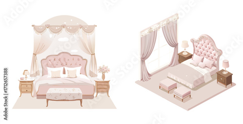 Soft and elegant feminine bedroom interior delicate colors and graceful décor Vector art design illustration