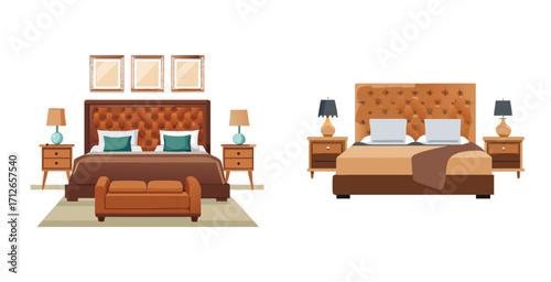 Sophisticated bedroom interior featuring leather accents and contemporary furnishings Vector art design illustration