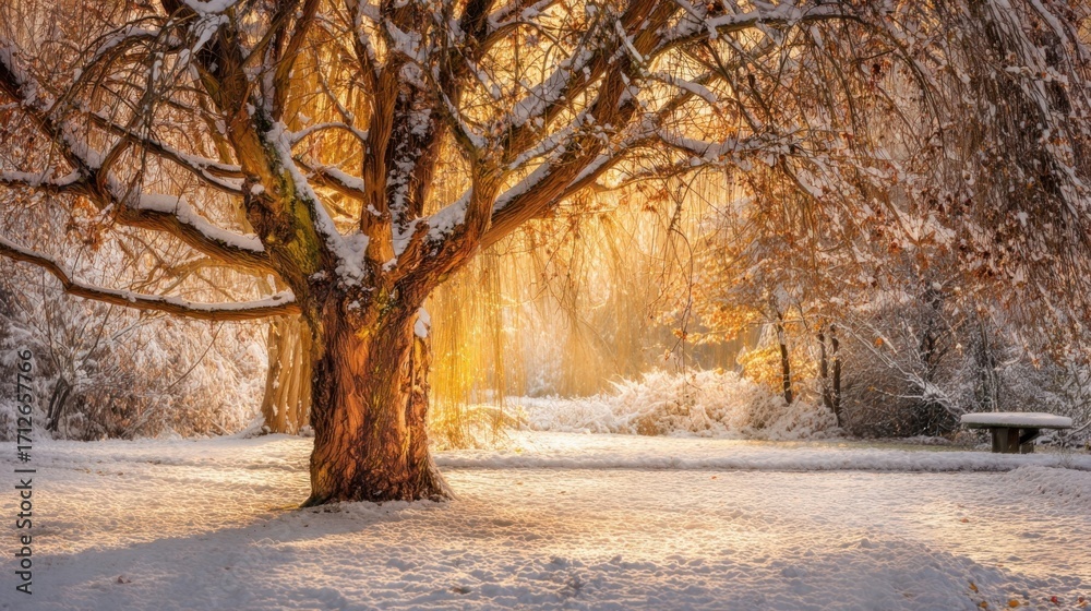 Fototapeta premium A majestic tree stands in a snowy landscape, bathed in golden sunlight with green moss on its reddish-brown trunk,
