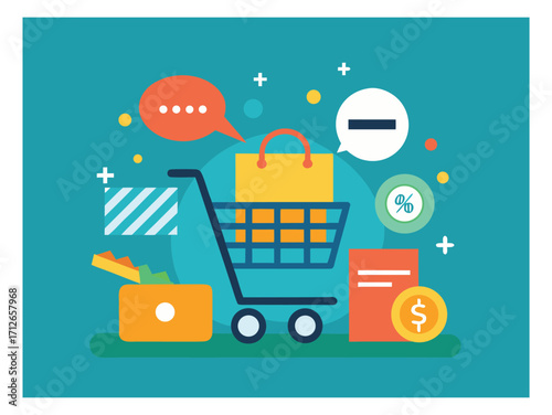 Online shopping and commerce concept with shopping cart with elements vector illustration