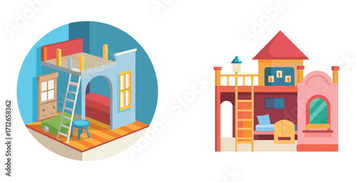 Whimsical and functional kids bedroom playroom combo with colorful décor Vector art design illustration